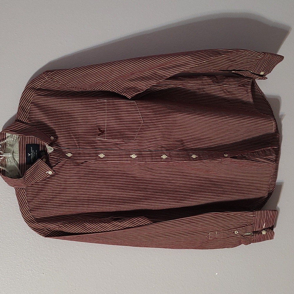 AEO long sleeve burgundy striped button up shirt